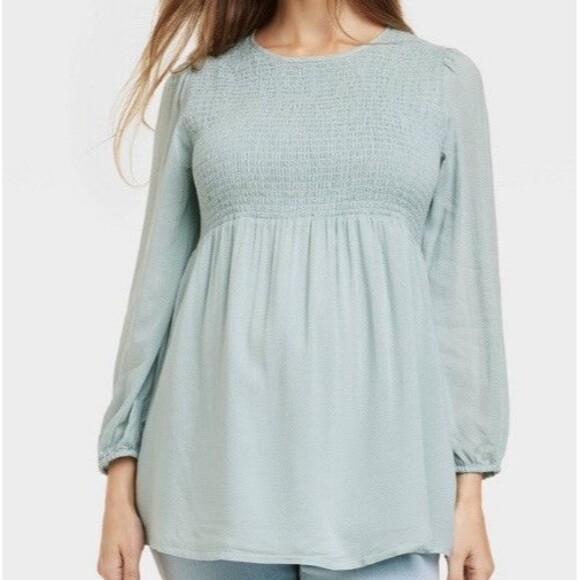 Isabel Maternity Long Sleeved Stretch Smocked Woven Shirt Blue Green Size XS NEW - Picture 2 of 8